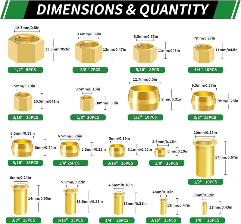 Japtend 280pcs 1/2" 3/8" 5/16" 1/4" 3/16" 1/8" Brass Compression Sleeves Ferrules Inserts Nuts Fittings Assortment Kit, 6 Sizes Hose Repair Kit of Air Water Fuel Oil Gas Tube Lines - Image 2